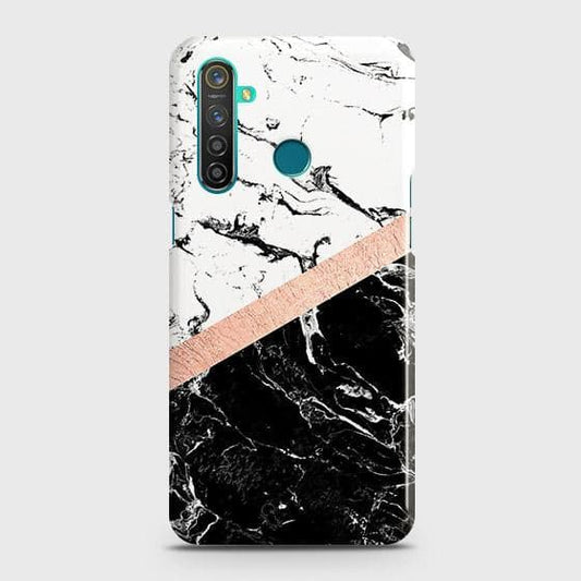 Realme 5 Cover - Black & White Marble With Chic RoseGold Strip Case with Life Time Colors Guarantee