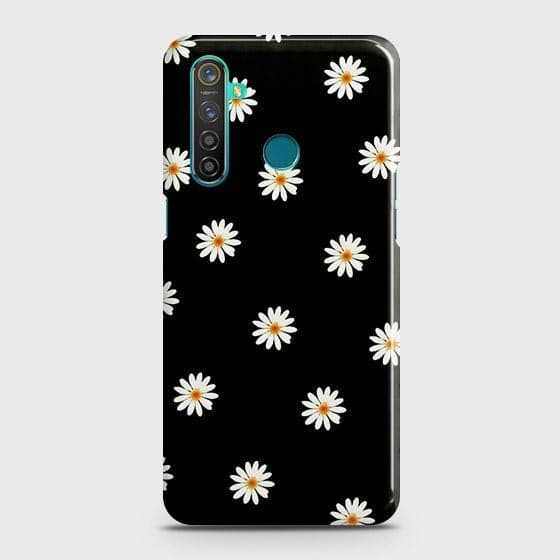 Realme 5 Cover - Matte Finish - White Bloom Flowers with Black Background Printed Hard Case with Life Time Colors Guarantee