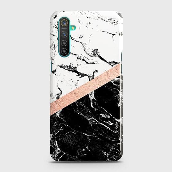 Realme 6s Cover - Black & White Marble With Chic RoseGold Strip Case with Life Time Colors Guarantee