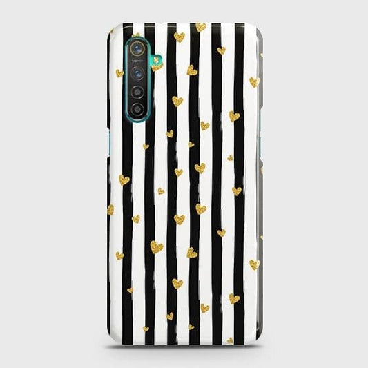 Realme 6 Cover - Trendy Black & White Lining With Golden Hearts Printed Hard Case with Life Time Colors Guarantee