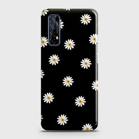 Realme 7 Cover - Matte Finish - White Bloom Flowers with Black Background Printed Hard Case with Life Time Colors Guarantee