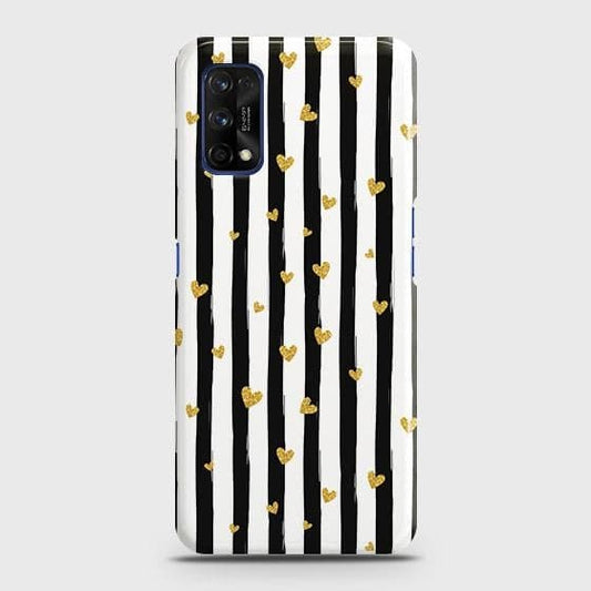 Realme 7 Pro Cover - Trendy Black & White Lining With Golden Hearts Printed Hard Case with Life Time Colors Guarantee