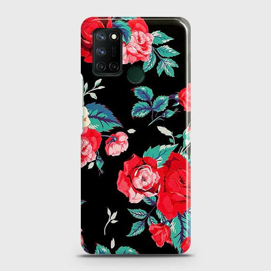 Realme 7i Cover - Luxury Vintage Red Flowers Printed Hard Case with Life Time Colors Guarantee