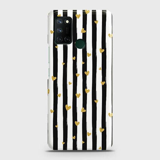 Realme 7i Cover - Trendy Black & White Lining With Golden Hearts Printed Hard Case with Life Time Colors Guarantee