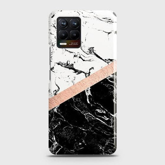 Realme 8 Cover - Black & White Marble With Chic RoseGold Strip Case with Life Time Colors Guarantee