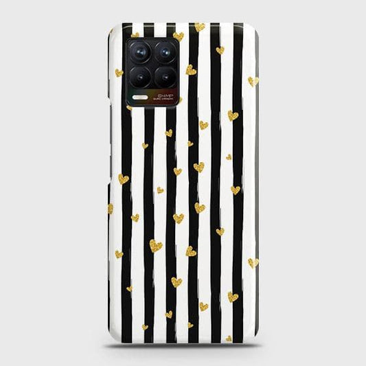Realme 8 Cover - Trendy Black & White Lining With Golden Hearts Printed Hard Case with Life Time Colors Guarantee