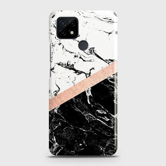 Realme C11 2021 Cover - Black & White Marble With Chic RoseGold Strip Case with Life Time Colors Guarantee