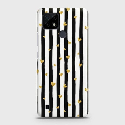 Realme C11 2021 Cover - Trendy Black & White Lining With Golden Hearts Printed Hard Case with Life Time Colors Guarantee