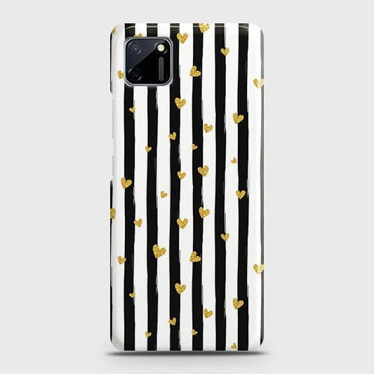 Realme C11 Cover - Trendy Black & White Lining With Golden Hearts Printed Hard Case with Life Time Colors Guarantee