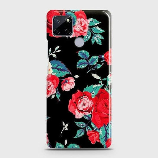 Realme C12 Cover - Luxury Vintage Red Flowers Printed Hard Case with Life Time Colors Guarantee