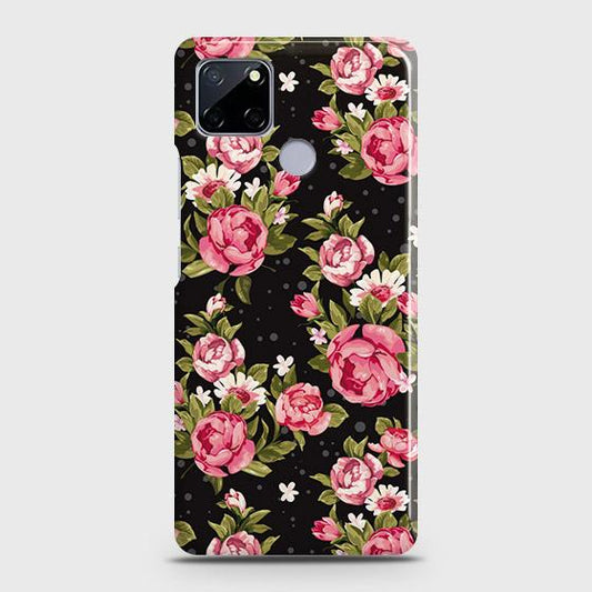 Realme C12 Cover - Trendy Pink Rose Vintage Flowers Printed Hard Case with Life Time Colors Guarantee