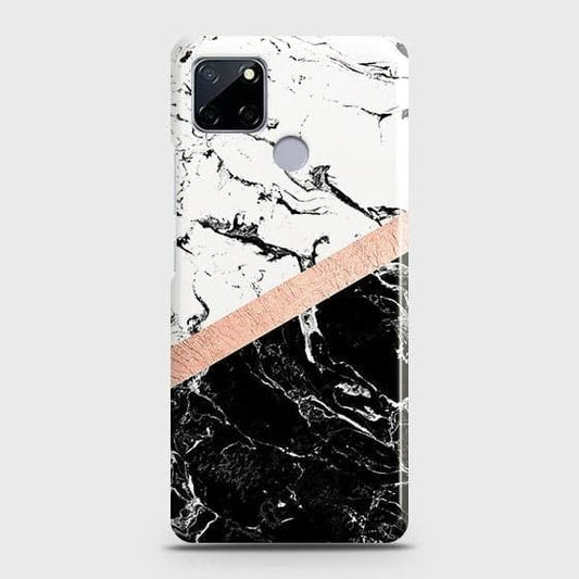 Realme Narzo 30A Cover - Black & White Marble With Chic RoseGold Strip Case with Life Time Colors Guarantee