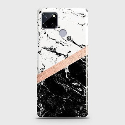 Realme Narzo 30A Cover - Black & White Marble With Chic RoseGold Strip Case with Life Time Colors Guarantee
