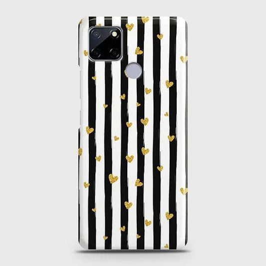 Realme C12 Cover - Trendy Black & White Lining With Golden Hearts Printed Hard Case with Life Time Colors Guarantee