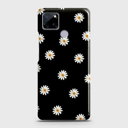 Realme Narzo 30A Cover - Matte Finish - White Bloom Flowers with Black Background Printed Hard Case with Life Time Colors Guarantee
