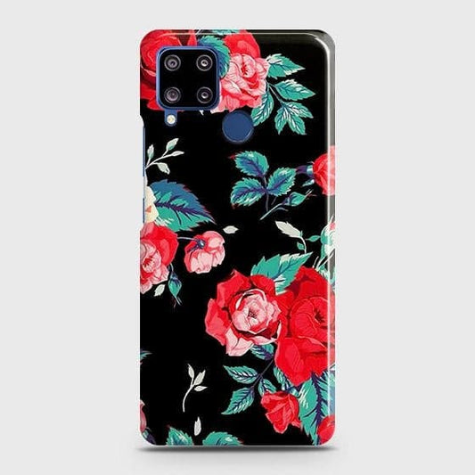 Realme C15 Cover - Luxury Vintage Red Flowers Printed Hard Case with Life Time Colors Guarantee
