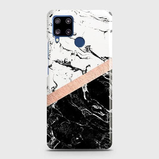Printed Black & White Marble With Chic RoseGold Strip Case with Life Time Colors Guarantee For Realme C15