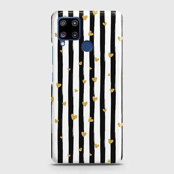 Realme C15 Cover - Trendy Black & White Lining With Golden Hearts Printed Hard Case with Life Time Colors Guarantee