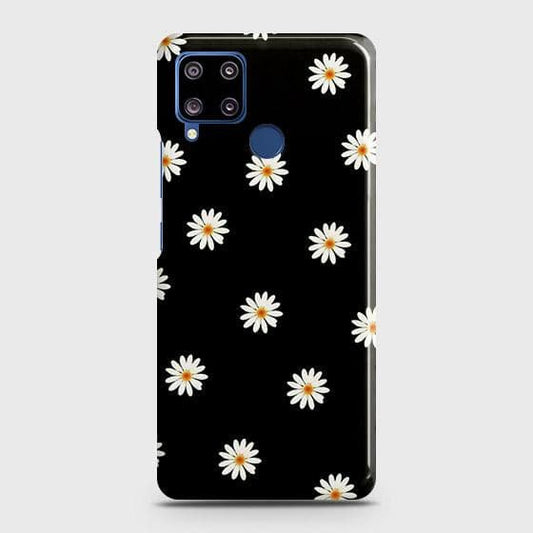 Realme C15 Cover - Matte Finish - White Bloom Flowers with Black Background Printed Hard Case with Life Time Colors Guarantee