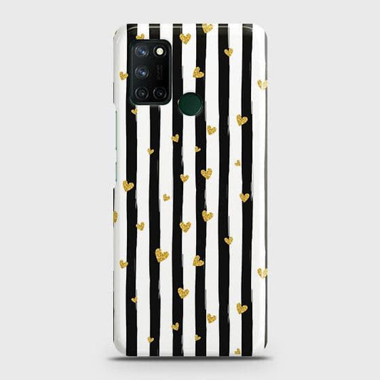 Realme C17 Cover - Trendy Black & White Lining With Golden Hearts Printed Hard Case with Life Time Colors Guarantee