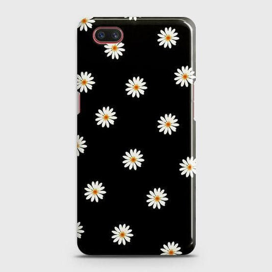 Realme C2 with out flash light hole Cover - Matte Finish - White Bloom Flowers with Black Background Printed Hard Case with Life Time Colors Guarantee