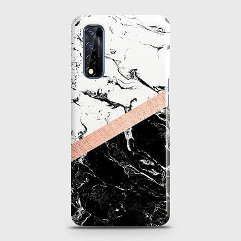 Realme Narzo 30 Cover - Black & White Marble With Chic RoseGold Strip Case with Life Time Colors Guarantee