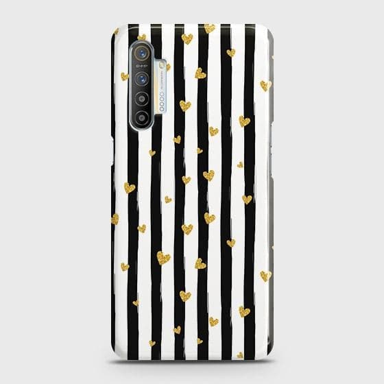 Realme XT Cover - Trendy Black & White Lining  With Golden Hearts Printed Hard Case with Life Time Colors Guarantee