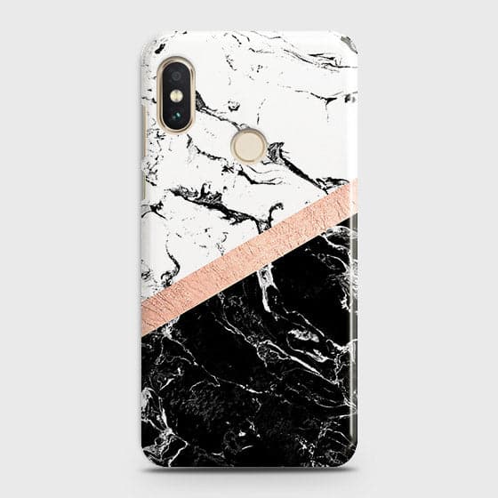 Xiaomi Mi A2 Lite / Redmi 6 Pro Cover - Black & White Marble With Chic RoseGold Strip Case with Life Time Colors Guarantee b34
