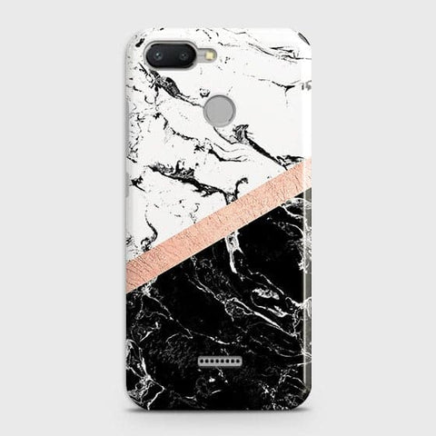 Xiaomi Redmi 6  Cover - Black & White Marble With Chic RoseGold Strip Case with Life Time Colors Guarantee