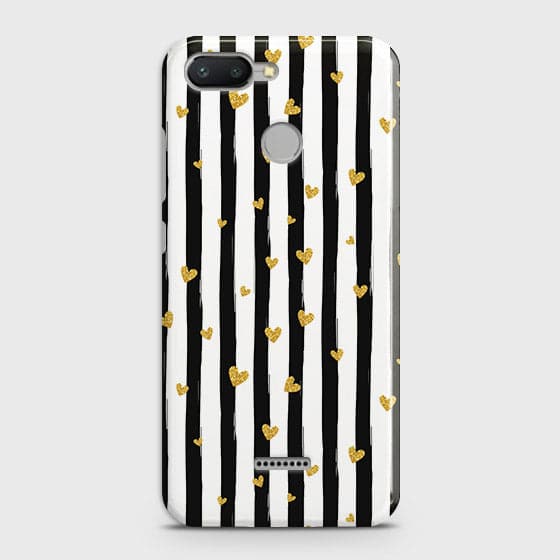 Xiaomi Redmi 6 Cover - Trendy Black & White Lining With Golden Hearts Printed Hard Case with Life Time Colors Guarantee