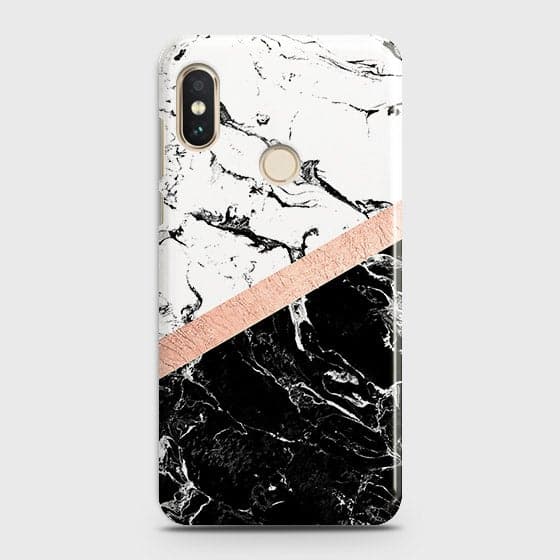 Xiaomi Redmi Note 6 Pro Cover - Black & White Marble With Chic RoseGold Strip Case with Life Time Colors Guarantee