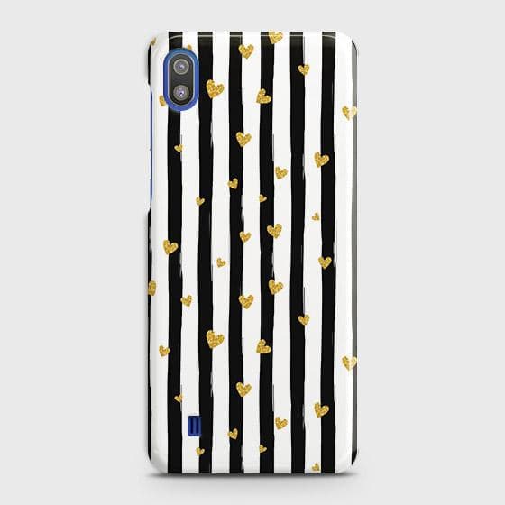 SAMSUNG GALAXY A10 Cover - Trendy Black & White Lining With Golden Hearts Printed Hard Case with Life Time Colors Guarante