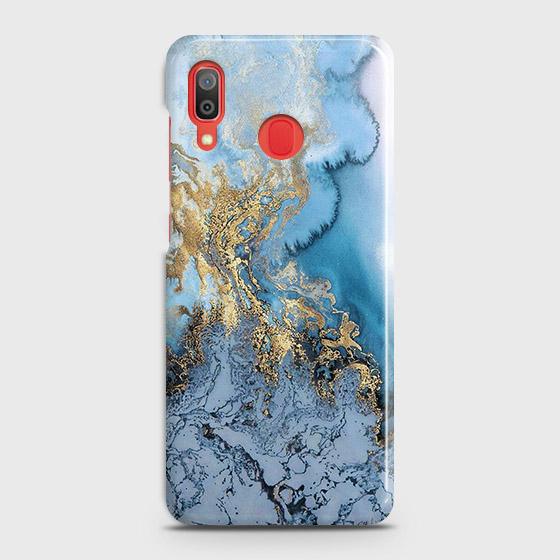 Samsung Galaxy A20Cover - Trendy Golden & Blue Ocean Marble Printed Hard Case with Life Time Colors Guarantee