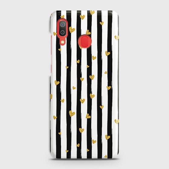 SAMSUNG GALAXY A20 Cover - Trendy Black & White Lining With Golden Hearts Printed Hard Case with Life Time Colors Guarantee