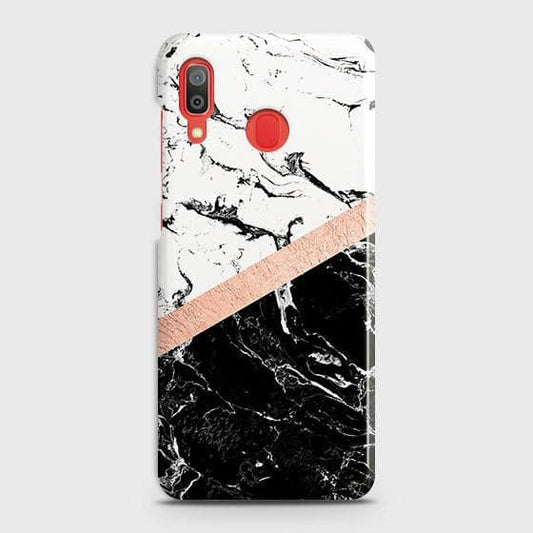 SAMSUNG GALAXY A30 Cover - Black & White Marble With Chic RoseGold Strip Case with Life Time Colors Guarantee