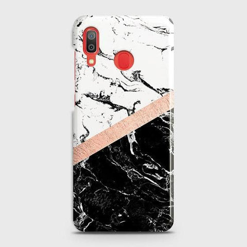 SAMSUNG GALAXY A30 Cover - Black & White Marble With Chic RoseGold Strip Case with Life Time Colors Guarantee