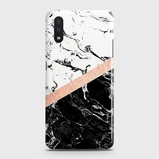 Samsung Galaxy A01 Cover - Black & White Marble With Chic RoseGold Strip Case with Life Time Colors Guarantee