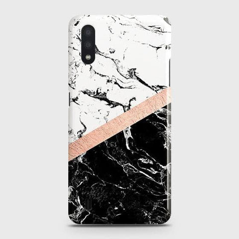 Samsung Galaxy A01 Cover - Black & White Marble With Chic RoseGold Strip Case with Life Time Colors Guarantee