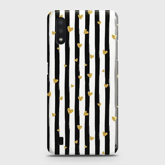 Samsung Galaxy A01 Cover - Trendy Black & White Lining With Golden Hearts Printed Hard Case with Life Time Colors Guarantee