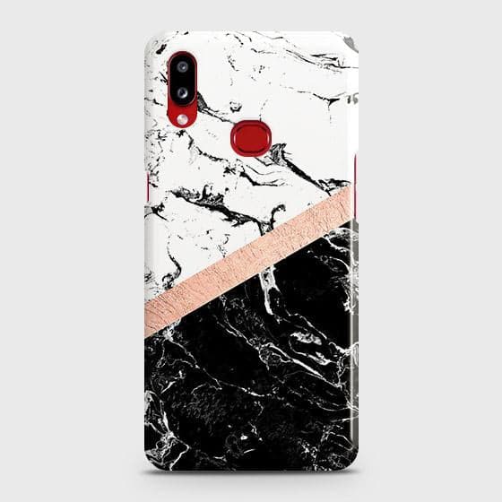 Samsung Galaxy A10s Cover - Black & White Marble With Chic RoseGold Strip Case with Life Time Colors Guarantee