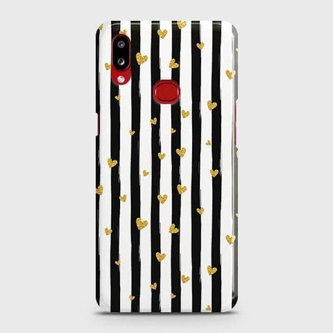 Samsung Galaxy A10s Cover - Trendy Black & White Lining With Golden Hearts Printed Hard Case with Life Time Colors Guarantee