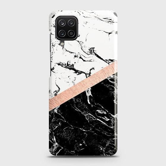 Samsung Galaxy A12 Cover - Black & White Marble With Chic RoseGold Strip Case with Life Time Colors Guarantee