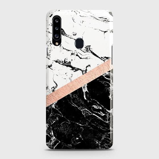 Samsung Galaxy A20s Cover - Black & White Marble With Chic RoseGold Strip Case with Life Time Colors Guarantee