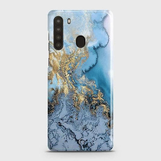 Samsung Galaxy A21 Cover - Trendy Golden & Blue Ocean Marble Printed Hard Case with Life Time Colors Guarantee