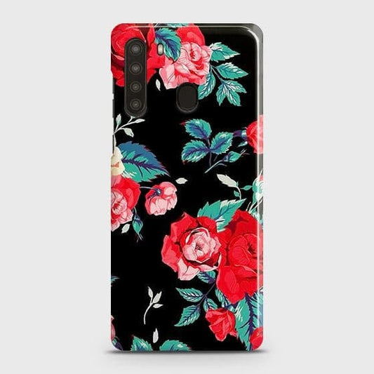 Samsung Galaxy A21 Cover - Luxury Vintage Red Flowers Printed Hard Case with Life Time Colors Guarantee