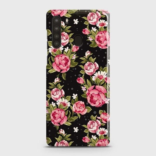 Samsung Galaxy A21 Cover - Trendy Pink Rose Vintage Flowers Printed Hard Case with Life Time Colors Guarantee