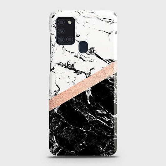 Samsung Galaxy A21s Cover - Black & White Marble With Chic RoseGold Strip Case with Life Time Colors Guarantee