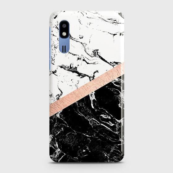 Samsung Galaxy A2 Core Cover - Black & White Marble With Chic RoseGold Strip Case with Life Time Colors Guarantee