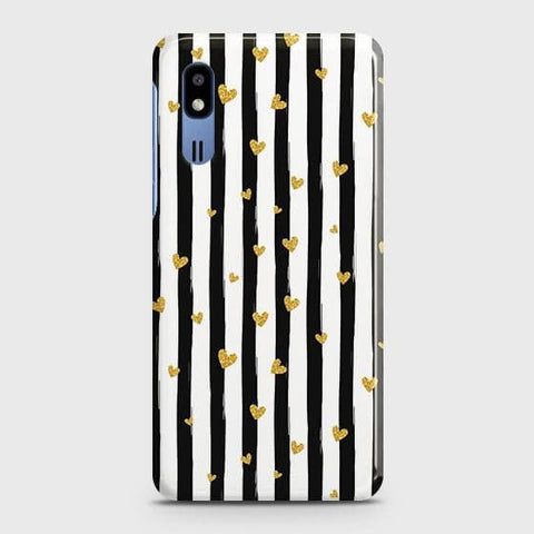 Samsung Galaxy A2 Core Cover - Trendy Black & White Lining With Golden Hearts Printed Hard Case with Life Time Colors Guarantee