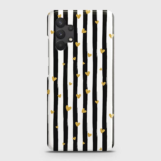 Samsung Galaxy A13 4G Cover - Trendy Black & White Lining With Golden Hearts Printed Hard Case with Life Time Colors Guarantee